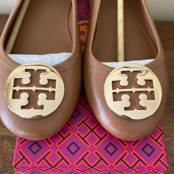 Tory Burch Minnie Travel Ballet Flats Royal Tan Gold Nappa Leather Shoes - 8.5 - Picture 5 of 7
